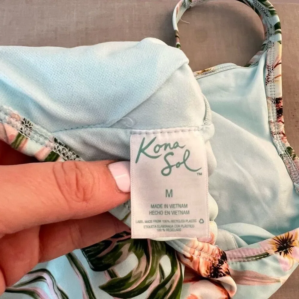 Kona Sol Blue Floral Stretch Wrap Tie Waist One Piece Swimsuit Size Medium